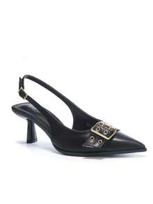 RevReaL Pointed Toe Slingback Heels With Double Buckle Detail - Minimalist Chic Pumps - Black - View 2