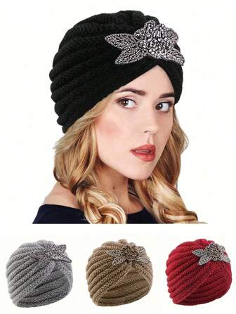 1 pièce Bonnet tricoté avec perles de style européen avec décoration de strass, chapeau d'hiver style bohème