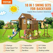 10-In-1 Outdoor Playground Wooden Swing Set With 6 FT Slide And Upper Fort For Kids - Durable Fun For Backyard Adventures - Redwood - View 6