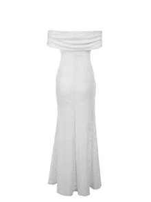 WOWDARK Women's Solid Color Jacquard Off-Shoulder Fishtail Hem Fitted Dress, Fashionable For Autumn - White - View 4