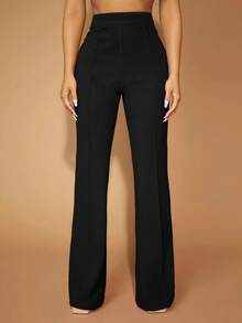 Fashionable & Versatile High Waist Flare Pants, Solid Color Black - Black - View 1