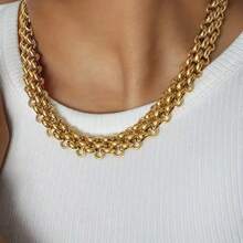 2pcs/Set Lightweight Luxury Minimalist Stainless Steel Short Necklaces - Golden Braided Chain Design, Versatile For Daily & Vacation Wear, Chunky Chain Elegant Accessory