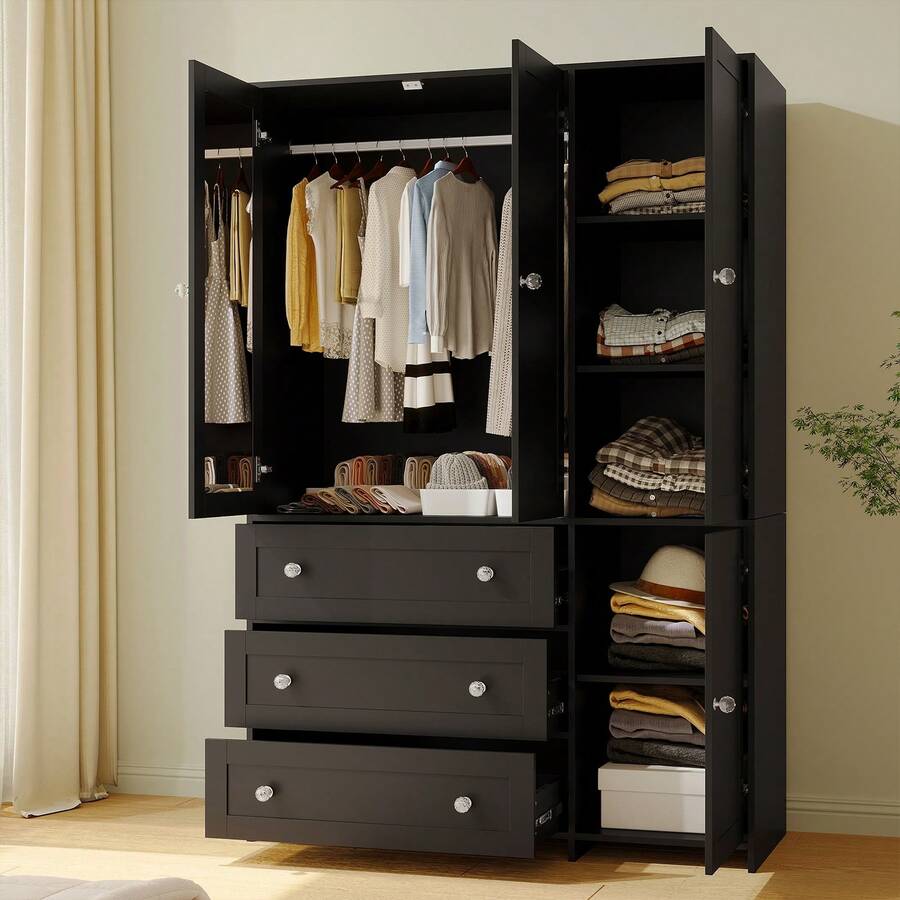 VOWNER 71" Large Wardrobe Closet With Mirror, Freestanding Bedroom Armoire With 3/6 Large Drawers & 2/4 Doors, Clothes Storage Organizer Cabinet For Bedroom, Gifts For Halloween & Thanksgiving - 黑色-47.3"寬 - 查看 1