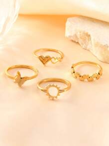 4/5 Teile modischer, einfacher Frauen-Edelstahl-Goldring-Set, geometrische Linienmuster, passend für den täglichen Gebrauch, Urlaub, Dating, als Geschenkschmuck