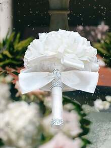 1 Bundle Elegant Bridal Wedding Bouquet, Wedding Bouquet Artificial Flowers, Bridesmaid Bouquet With White Roses Hydrangeas, Crystal Pearls Rhinestones, Soft Ribbon Handle Artificial Flowers, Perfect For Weddings, Engagements, And Valentine's Day, Bridesmaid Gifts