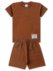 Summer Set For Boys: T-Shirt And Bermuda Shorts With Overlapping Hem - Rust Brown - View 2