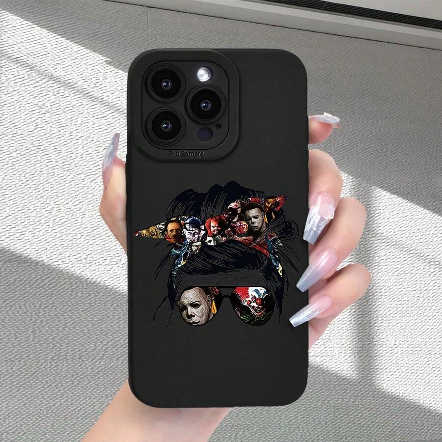 Funda de Teléfono Creativa de Moda para Chicas y Hombres con Estampado de Dibujos Animados de Horror, Negra, de Alta Gama, Tacto Mate, Antihuellas, Protección Completa de Cámara, a Prueba de Golpes y Anticaídas, Adecuada para 16/15/14/13/12/11/X/XR/XS/8//SE Plus Pro Series, Funda de Teléfono de Protección Completa - Colores mixtos - Ver 1