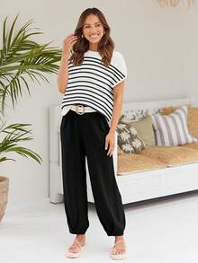 2 Piece Knit Sets Women Sweatsuit Sets - Stripes Black - View 2