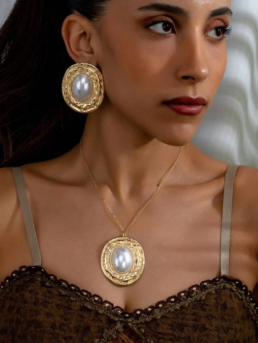 Bộ 3 chiếc/Bộ dây chuyền và hoa tai mặt dây chuyền bằng vàng và ngọc trai thời trang thanh lịch dành cho nữ, thích hợp để đeo hàng ngày hoặc dự tiệc - Vàng - Xem 1