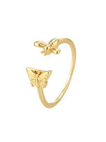 Charm-In 1 Stück 18 Karat vergoldeter messing einfacher C-förmiger glatter Ring / Welpen Muster Ring / Schmetterling Muster Ring, Geschenk