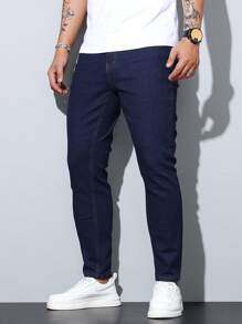 1 pieza Jeans de ajuste ceñido y elástico para hombres, pantalones casuales estilo coreano ajustados