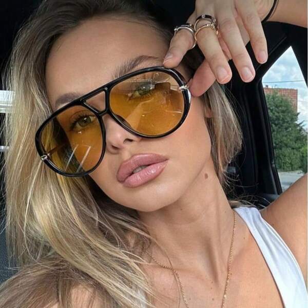 Retro Aviator Oversized Double-Bridge Fashion Glasses, Fashion Unisex Big Frame Goggle Fashion Glasses, Include Earrings And Pendant Charms