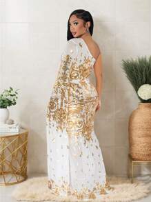 1pc One-Shoulder Long Sleeve Mesh & Sequin Patchwork Party Dress