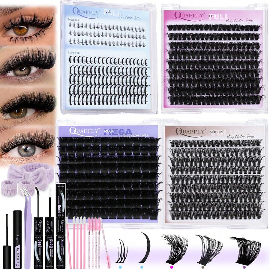 QUAFFLY Lashes 5 Styles Lash Clusters Kit, Volume/Mega/Full/Bottom Eyelash Clusters Extensions With Lash Bond And Seal, Remover,Wrist Strapand Lash Extension Tools For Beginners And Proficient, DIY At Home Easily - 黑色 - 查看 1