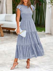 Women's Summer Elegant Dress Floral Cap Sleeves Ruched Ruffles A-Line Long Flowy Boho Dress Cocktail Wedding Guest Gown Vacatio Vestidos Elegantes De Mujer Gray Blue Dresses For Women - 灰藍色 - 查看 4