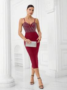 Bernatova 勃艮第可调节细肩带刺绣泡泡珠女式性感俱乐部紧身连衣裙，优雅鸡尾酒半正式舞会礼服，适合生日、名人派对、毕业典礼、晚宴 - 酒紅色 - 查看 1
