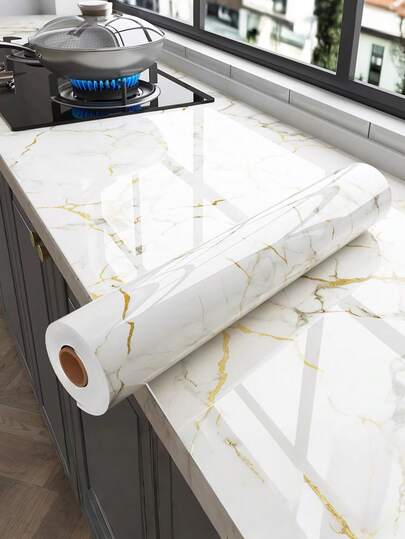 1 卷厚白金色大理石接触纸 - 防水可移除剥离粘贴台面和壁纸，金色纹理花卉，厨房橱柜，浴室桌，家具表面，桌面覆盖物，优雅的表面装饰