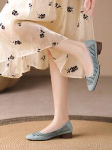 Women Beige High Heel Pumps/Chunky Heel Hollow Breathable Square Toe Slip-On Shoes, Fashion And Elegant