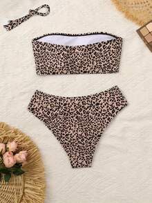 Conjunto de bikini sexy y elegante de 2 piezas con bandeau sin tirantes y estampado de leopardo, ropa y traje de baño para mujer - Multicolor - Ver 2
