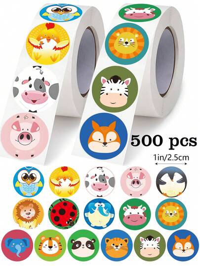 Rollo de 500 unidades de etiquetas adhesivas con retratos de animales de dibujos animados, 16 diseños de patrones de animales de dibujos animados, apropiados para artículos de papelería, planificadores, aliento de maestros, regalos, tarjetas, decoraciones navideñas, etiquetas autoadhesivas de PVC resistentes al agua para manualidades y útiles escolares, de vuelta a la escuela pegatinas libro de sticker estikers