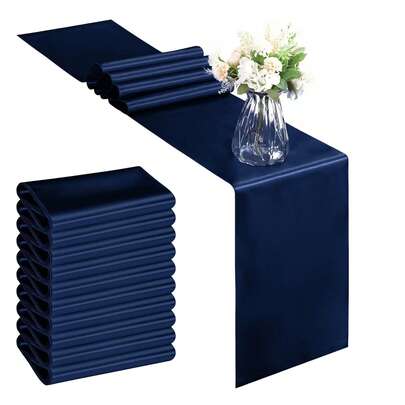2pcs/5pcs/10pcs Navy Blue Satin Wedding Decorative Table Runners, Hotel Event Birthday Party Silk Ribbon Table Flags