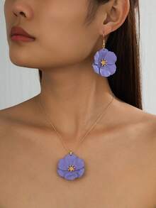 قلادة وأقراط للنساء، طقم مجوهرات مزخرف بزهور متعددة الطبقات ملونة وغير متماثلة من المعدن، مناسب للارتداء اليومي أو في المناسبات