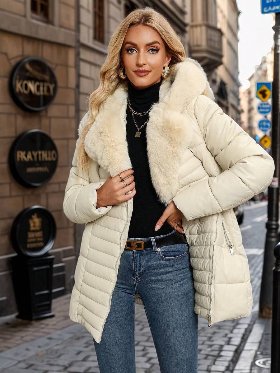 Giolshon Women's Fall/Winter Faux Leather Puffer Jacket, Faux Fur Collar,Teacher Outfits , Adjustable Belt For Chic Commuting & Layering