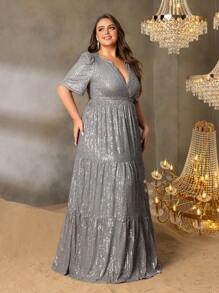 Faeriesty Curve Plus 优雅大码礼服：迷人的深 V 领口、优雅的短袖和塑形 A 字裙 - 非常适合盛大婚礼、华丽庆典、著名颁奖典礼、慈善晚会、歌剧开幕式