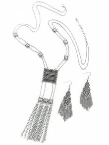 TopHanqi 3 Pieces Of Retro-Style Ancient Silver Geometric Alloy Chain Tassel Long Earrings And Necklace Set For Women In All Seasons, Daily Life And Work, Street Photography, Simple, Fashionable And Elegant Accessories - Antique Silver - View 7