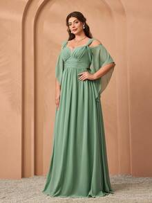 Mgiacy New Elegant Off-Shoulder Ruffle Chiffon Dress, Plus Size Bridesmaid Gown - màu xanh lá - Xem 4