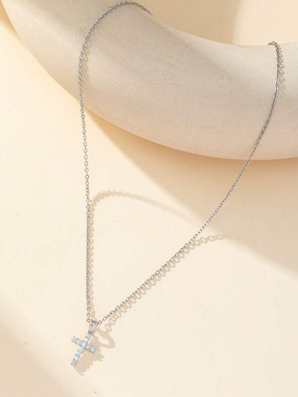 1pc Delicate Full Cubic Zirconia Cross Pendant Necklace For Women