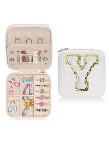 1pc Portable Travel Jewelry Box, Custom Lettered (A-Z) Organizer, Multi-Layer Jewelry Case With Mirror And Makeup Brush Holder, Suitable For Rings, Necklaces For Women Storage Organizer Travel Essentials Back To School Dormitory Storage