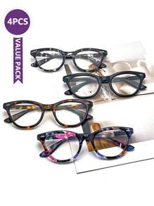 Stylish Reading Glasses Set - 4 Pairs Of Multicolor Cat Eye Frames With Unique Patterned Temples For Men & Women,Fashion Elegant Office Computer Presbyopic Readers For Women Eyeglasses - With Rivet Decoration,Spring Hinges, Full Frame Printed For Daily Use&Best Gifts