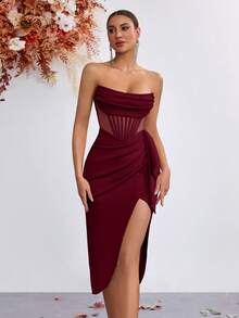 Elisanya Backless Strapless Ruffle Slit Front Formal Party Dress - Burgundy - View 3