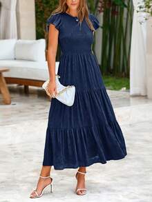 Women's Summer Elegant Dress Floral Cap Sleeves Ruched Ruffles A-Line Long Flowy Boho Dress Cocktail Wedding Guest Gown Vacatio Vestidos Elegantes De Mujer Navy Blue Dresses For Women - 藏蓝色 - 查看 4