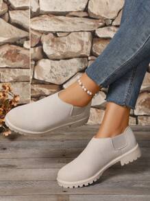 2025 New Arrival 1 Pair Teenage Flat Oxfords, Retro British Style Low-Top Casual Sneakers, Versatile Slip-On Loafers For Students & Daily Wear, Beige Color, Plus Size