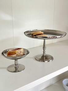 1 Pc Cake Tray, Stainless Steel Silver Dessert Plate, Ice Cream Cup, Home Living Room Dessert Plate, Dessert Display Stand, Birthday Party High-Legged Flat Dessert Plate - Silver - View 5