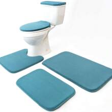 Juego de alfombrilla de baño de espuma de memoria de 3 piezas con tapa de inodoro y tapa del tanque, entrega local - Negro - Agua verde azul - Ver 8