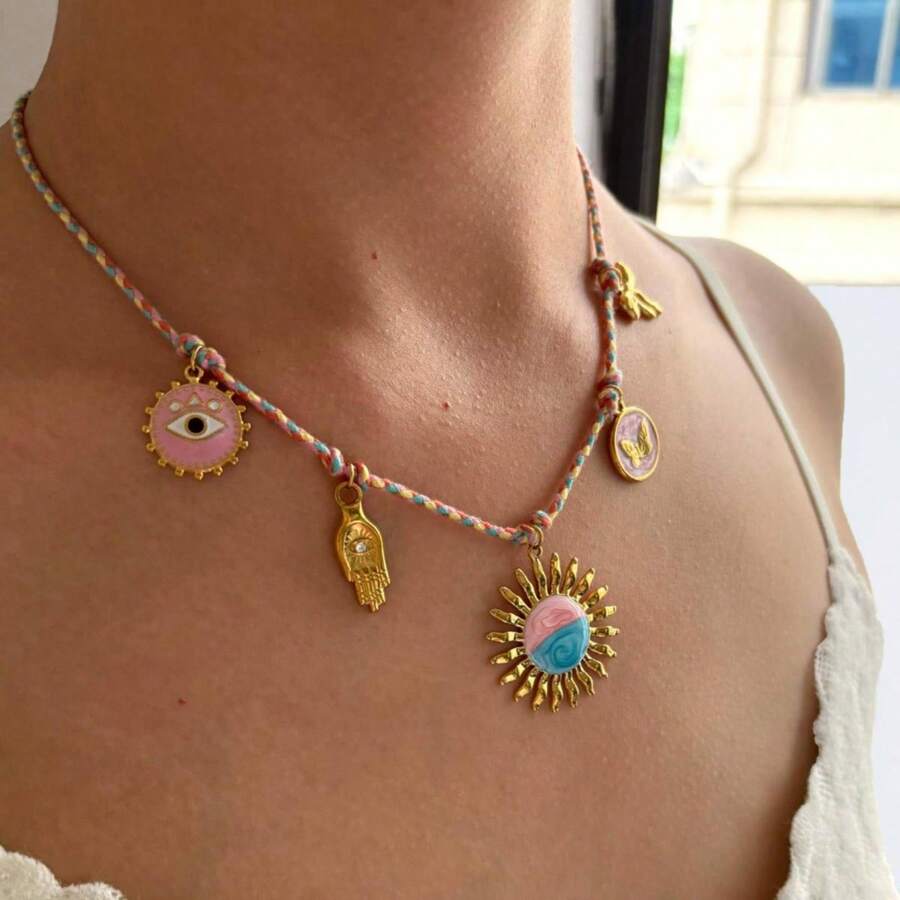 VKHK 1pc Boho Style 18K Gold Plated Stainless Steel Devil's Eye Sun Pendant Necklace, Suitable For Women Everyday Wear, Gift
