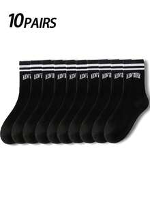 2 双女式纯色条纹字母印花中筒袜，简约时尚百搭柔软舒适吸湿排汗，适合返校季 - 彩色 - 查看 13