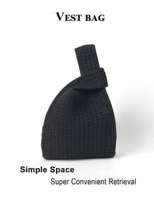 1pc Black Hollow Out Lightweight Foldable Simple Perforated Breathable Contrast Color Knitted Handbag Wristlet Bag, Suitable For Beach, Travel, Photography, Students - Black - View 6