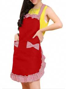 1pc Cute Polka Dot Bowknot Princess Style Apron, Adjustable Waist Strap, Single Pocket Design, Sleeveless Kitchen/Restaurant Uniform For Women