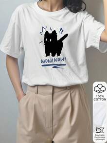 Cat & WOWO Print, Women's 100% Cotton Short Sleeve T-Shirt, Chinese New Year, Lunar New Year, Year Of The Horse, Spring Festival, Happy New Year, Valentine's Day - White - View 3