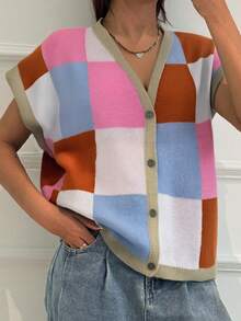 Minimalana Women's Oversize Spring & Autumn Fashion Casual Resort Hundred Collision Plaid V-Neck Single Breasted Sweater Cardigan & Button Down Shirt Women's - Multicolor - View 2