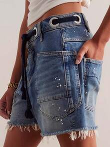 Drawstring Jean Shorts Womens Casual High Waisted Straight Leg Baggy Denim Shorts Summer Loose Fit Short Jeans Y2K - Dark Wash - View 2