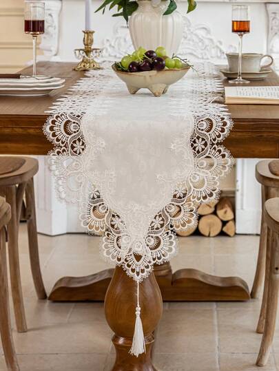 1 pieza Camino de mesa con bordado y encaje, Estilo palaciego elegante, Adecuado para cocina, comedor, cafetería, tocador, sala de estar, dormitorio, exterior, decoración festiva y regalo, Múltiples tamaños disponibles