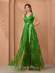 Mgiacy、新品、V领、无袖、印花网眼、领带、大摆、高端晚礼服 - 綠色 - 查看 5