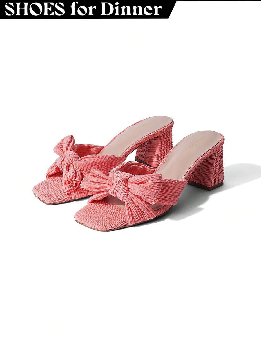 Women's Black Blue Coral Pink Bow Heel Mules – Pleated Fabric Square Toe Block Heel Slip-On Sandals [Size Up Half Size] - Màu Hồng  San hô - Xem 1