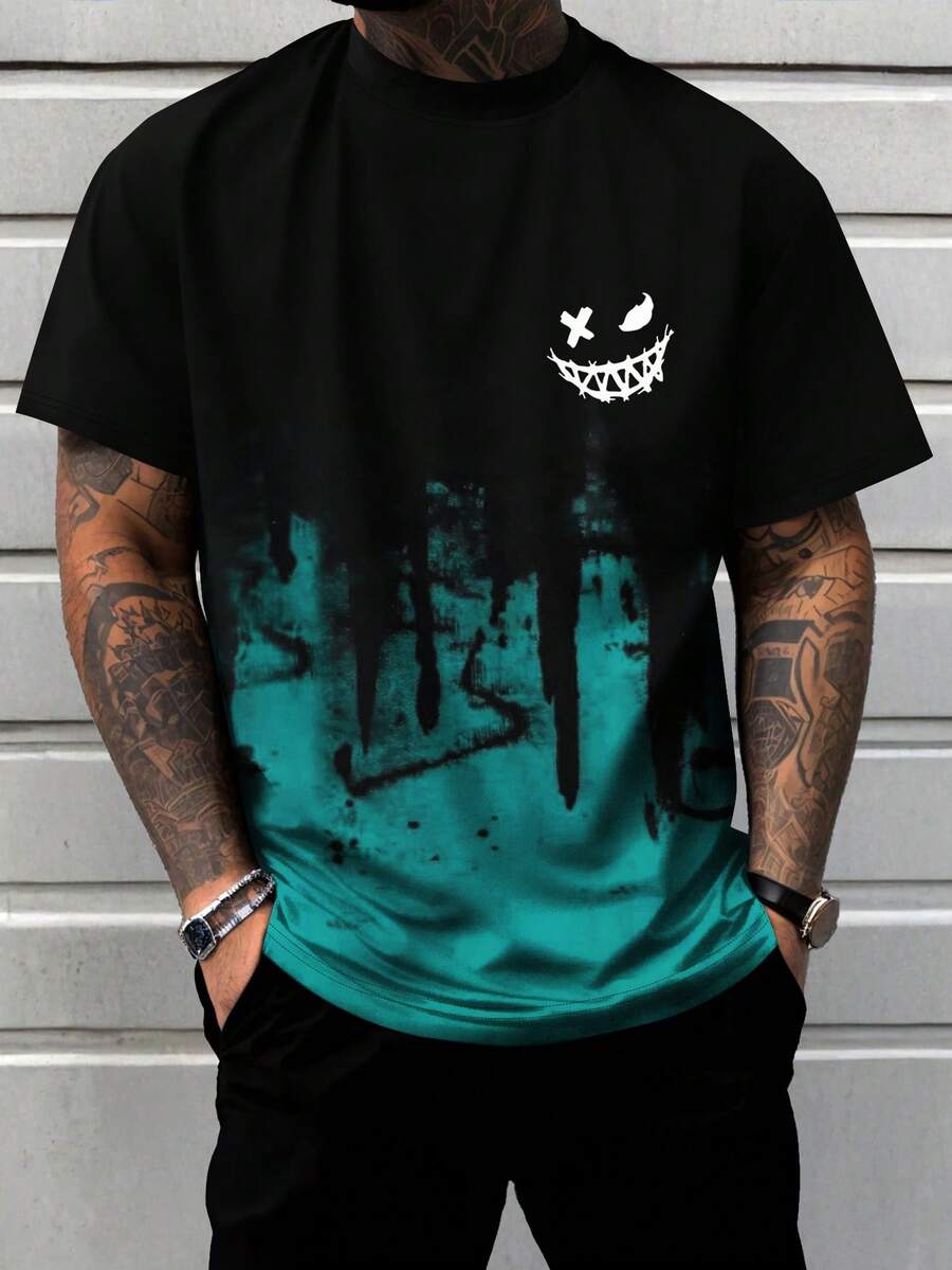 Áo thun nam cỡ lớn phong cách Gothic phối màu tay ngắn cổ tròn, thích hợp cho mùa hè. - Màu xanh lam - Xem 1