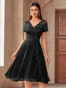 MIUSOL V-Neck Sequin Floral Lace Ruffle Hem Chiffon Ballgown, Elegant Women's Party Dress, Suitable For Formal Parties, Vacations, Homecoming, Graduation Ceremonies And Other Occasions - Black - View 4
